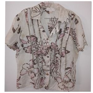 Vintage Un Jour Ailleurs 100% Linen Beautiful Floral Button Down Blouse Size L●